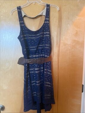 Trixxi Navy Lace Sleeveless Dress with Brown Belt